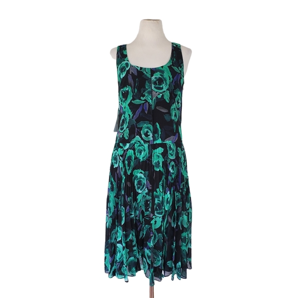 Donna Morgan Scoop Neck Sleeveless Pleated Green Black Floral Dress Boho sz 6 - Picture 5 of 9
